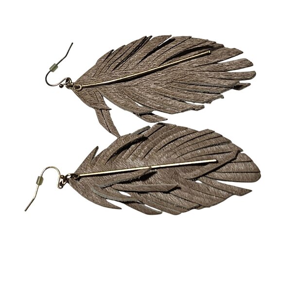 Handmade Faux Leather Feather Dangle Earrings Gold Toned Boho Fashion Jewelry - Picture 2 of 3